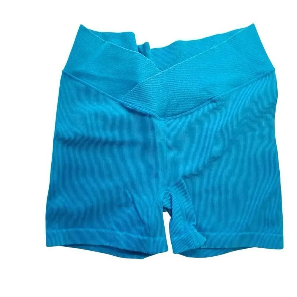 Joy Lab Crossover Waistband Ribbed Hi-Rise Active Biker Shorts Blue Large